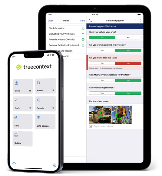 Safety inspection form on iPad with TrueContext home screen on iPhone