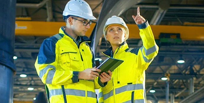 Two industrial equipment field workers in hard hats holding a tablet