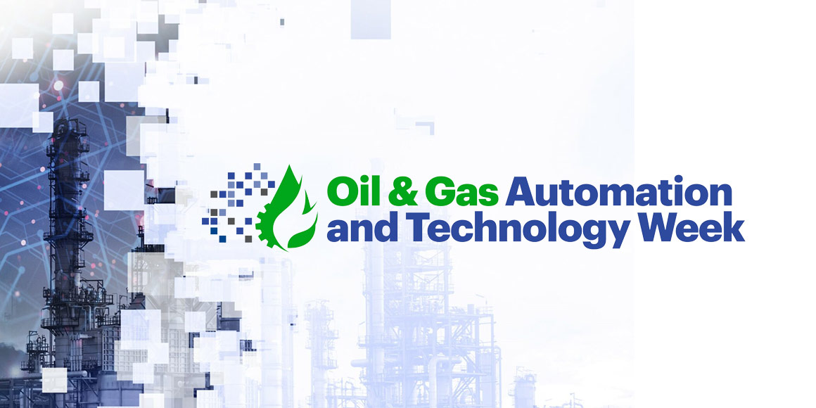 Oil & Gas Automation and Technology Week logo on top of photo of oil refinery