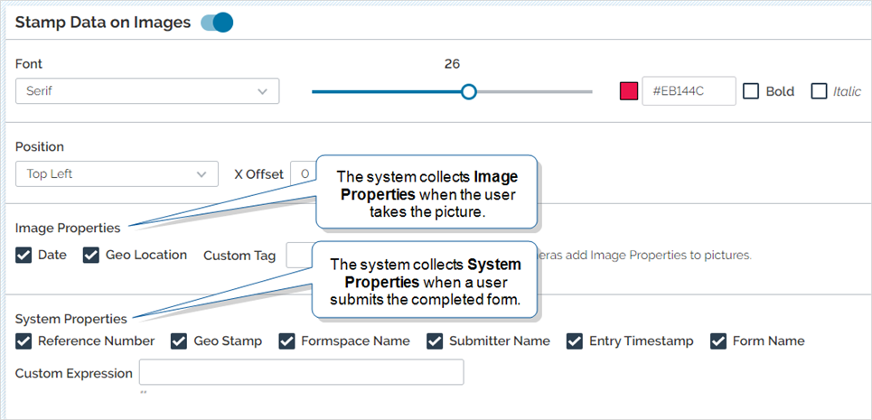 Data stamp configuration screenshot