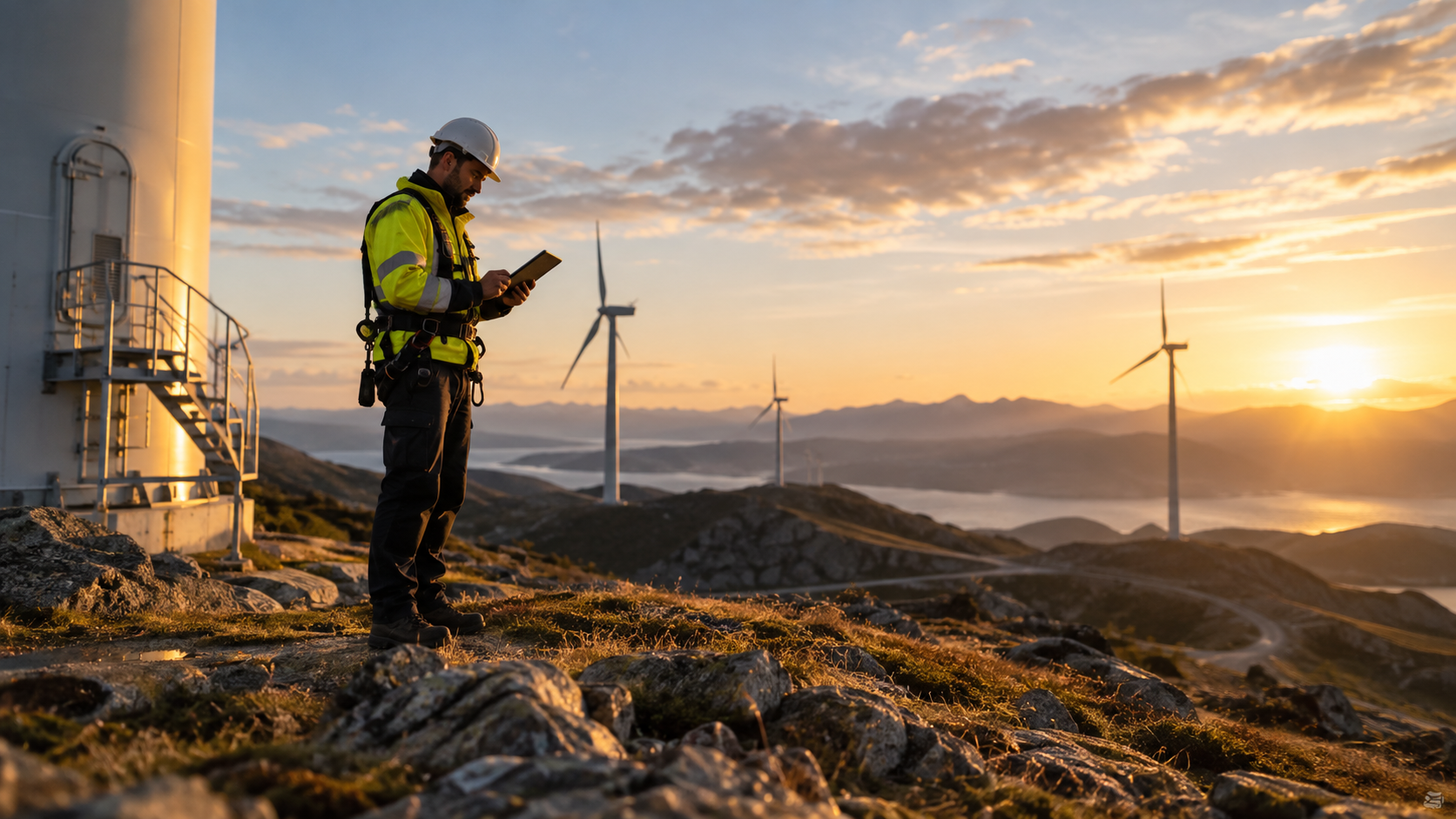 Technician with a tablet at a wind farm at sunset