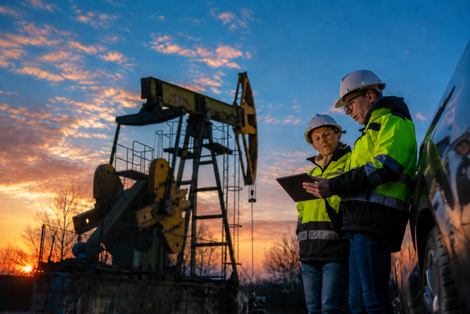 Two field technicians in hi-vis reviewing a tablet beside an oil pump jack at sunset