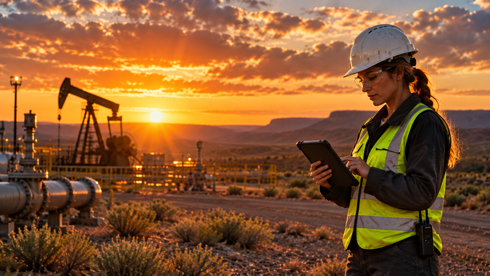 Technician reviewing a tablet at an oil field at sunset