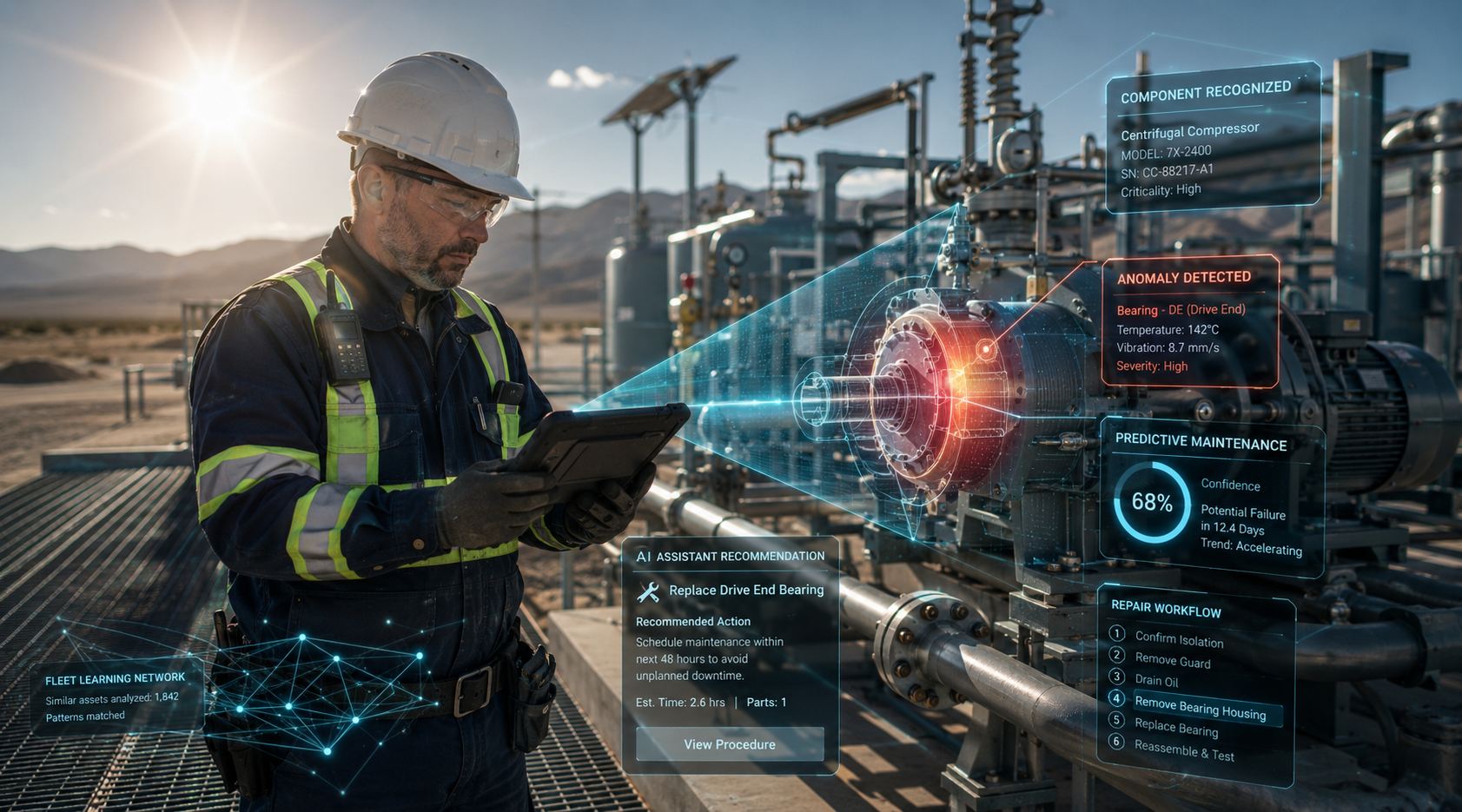 Technician at a compressor station with on-screen AI guidance: component recognized, anomaly detected, predictive maintenance, and a repair workflow