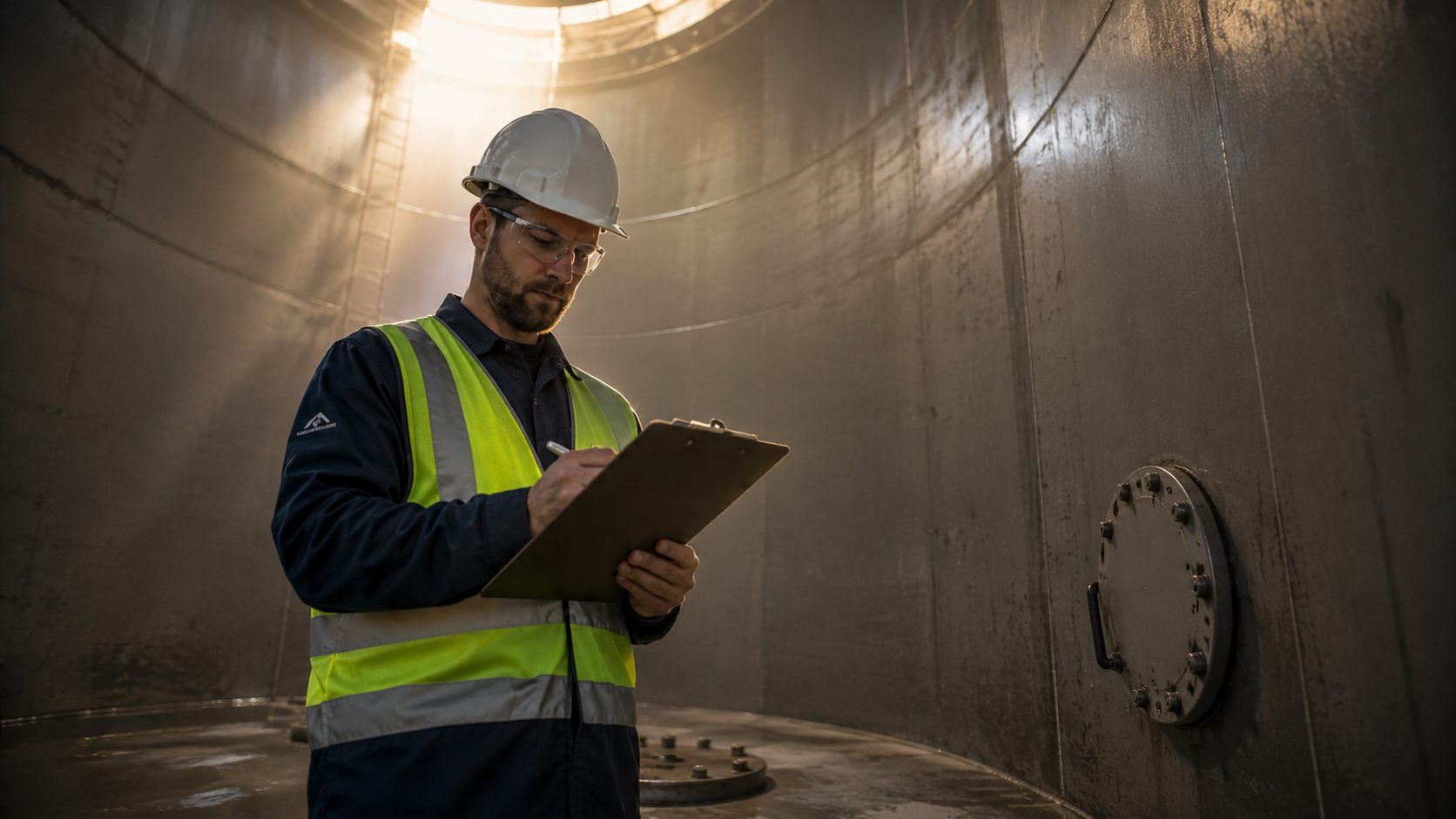 Inspector inside a steel tank writing on a clipboard